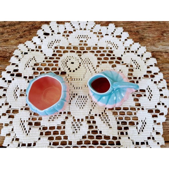 Vintage Small Melon Shaped Creamer Sugar Pink Blue - Picture 4 of 9